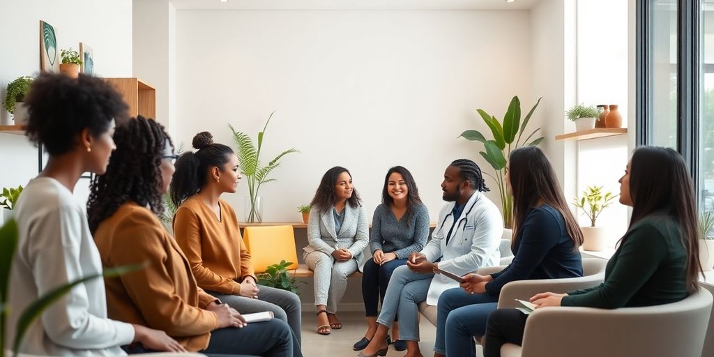 Consultório moderno com pacientes e médico em interação.